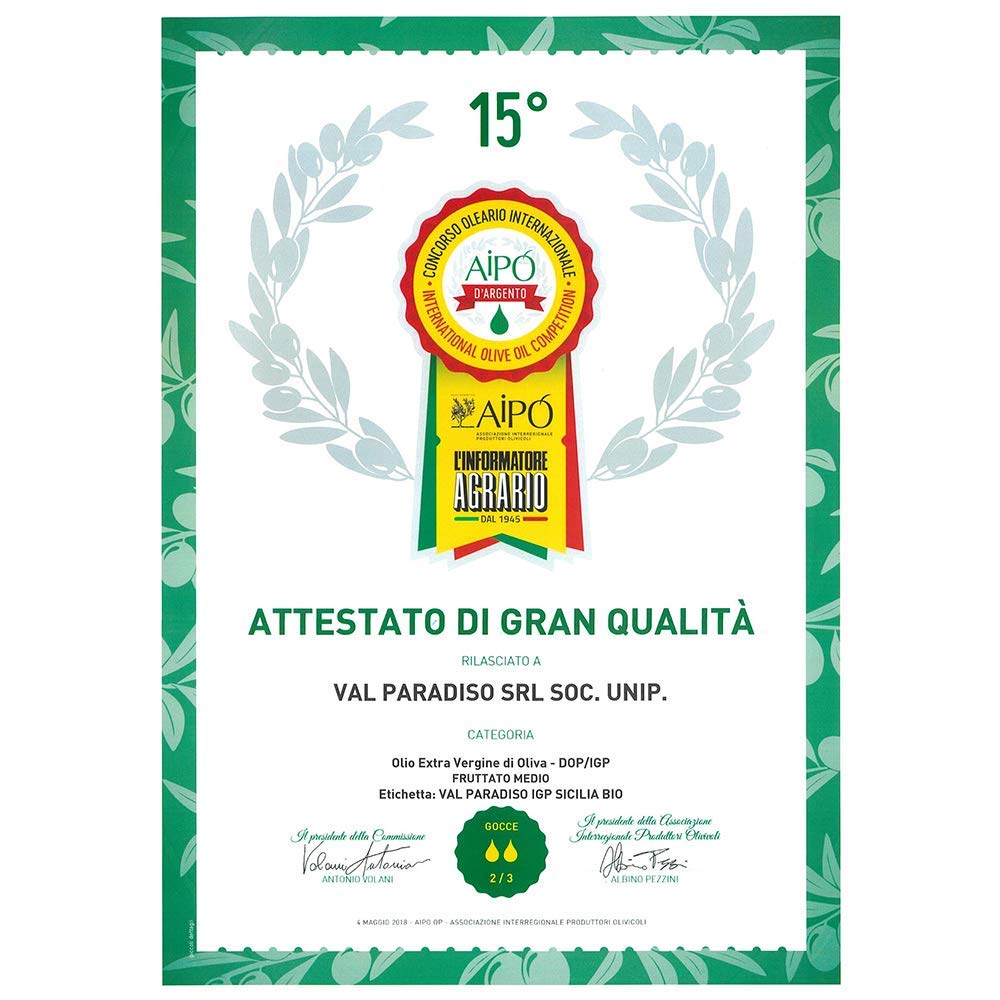 Val Paradiso Olio Extravergine di Oliva Italiano Biologico, Certificato IGP di Sicilia, Certificato Biologico ICEA, 100% Italiano, estratto a freddo, 2 Latte da 1 Litro