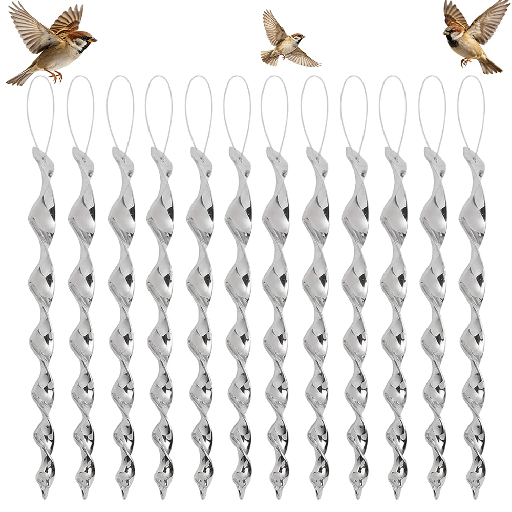 12Pack Silver Bird Scarers for Gardens, Spiral Wind Rotation Deterrent, for Pigeon and Seagull
