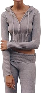 Chloefairy Womens 2 Piece Outfits Ribbed Knit Sweatsuit Zip Up Hooded Sweater Top Wide Leg Pants Set Loungewear Set