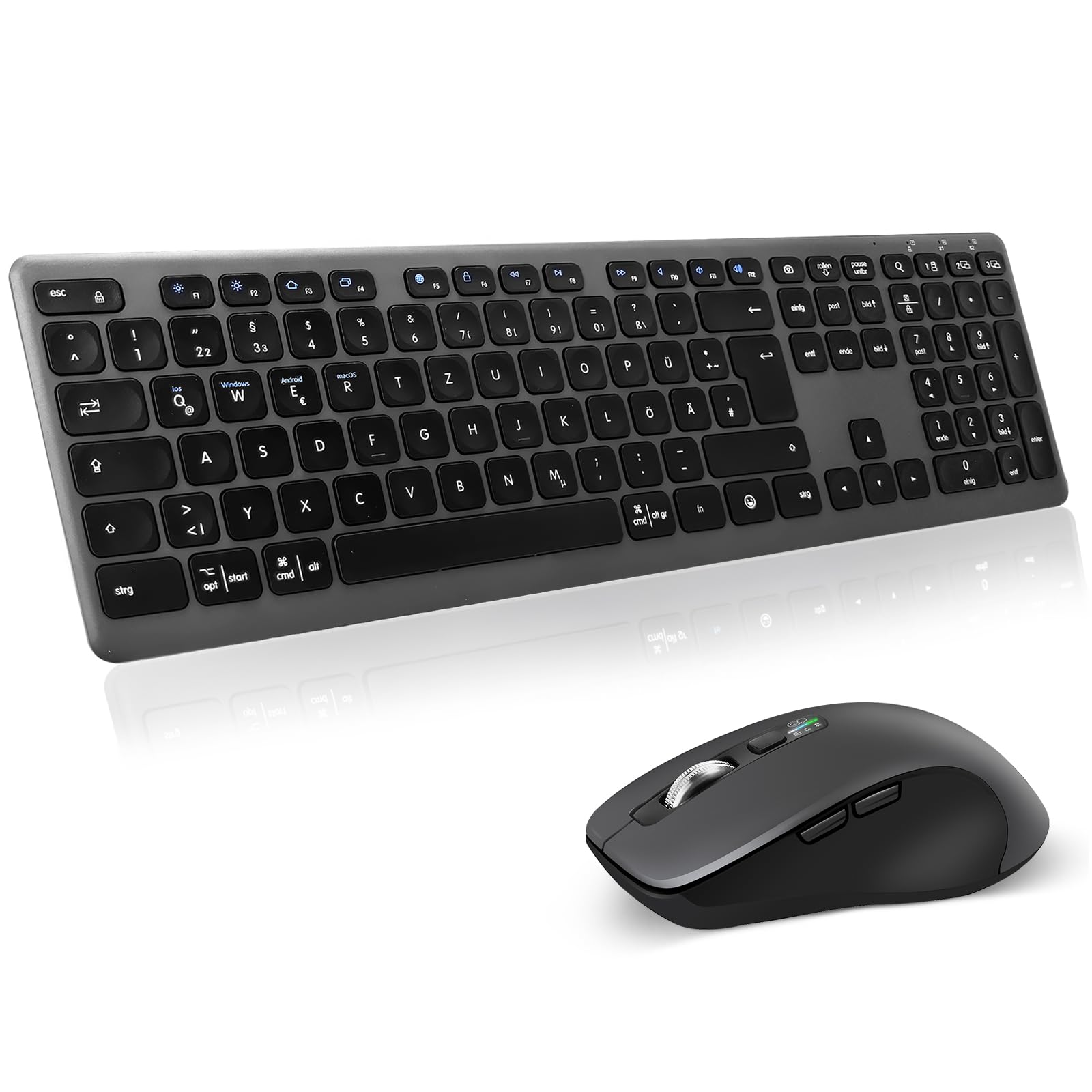 CITLLA M9300 Kabelloses Tastatur Maus Combo, 2-in-1 USB Empfänger und Zwei Bluetooth, 18-Monate Batterielaufzeit, Deutsches QWERTZ-Layout für Computer, Laptops,PC, Büros