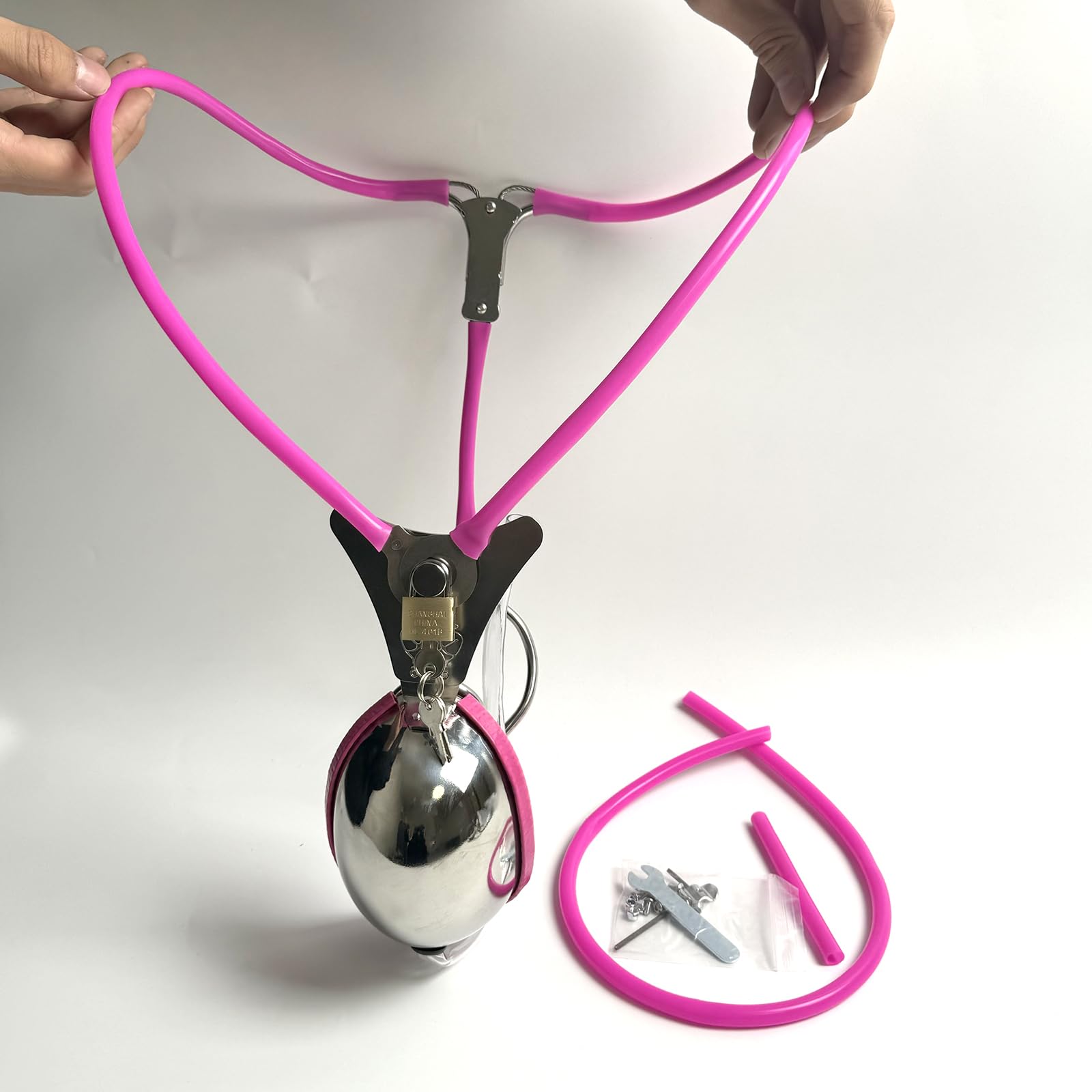 YILUQIFLY Ceinture de chasteté pour homme Acier inoxydable Verrouillable rose 60-90cm Cage à pénis BDSM