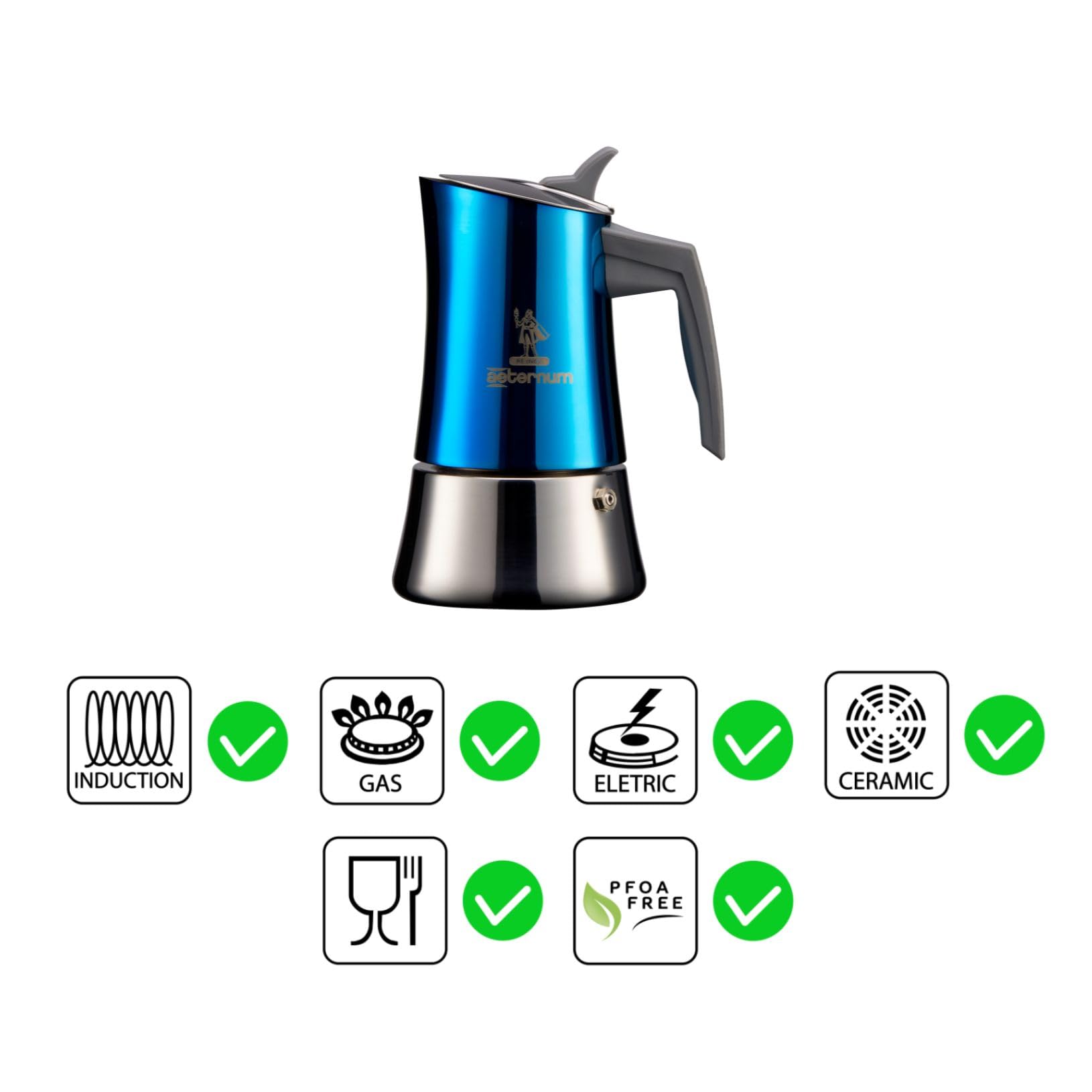 Aeternum, La Divina Re Inox, Cafetera 4 Tazas, Apta para Inducción, Acero Inoxidable, Azul y Plata