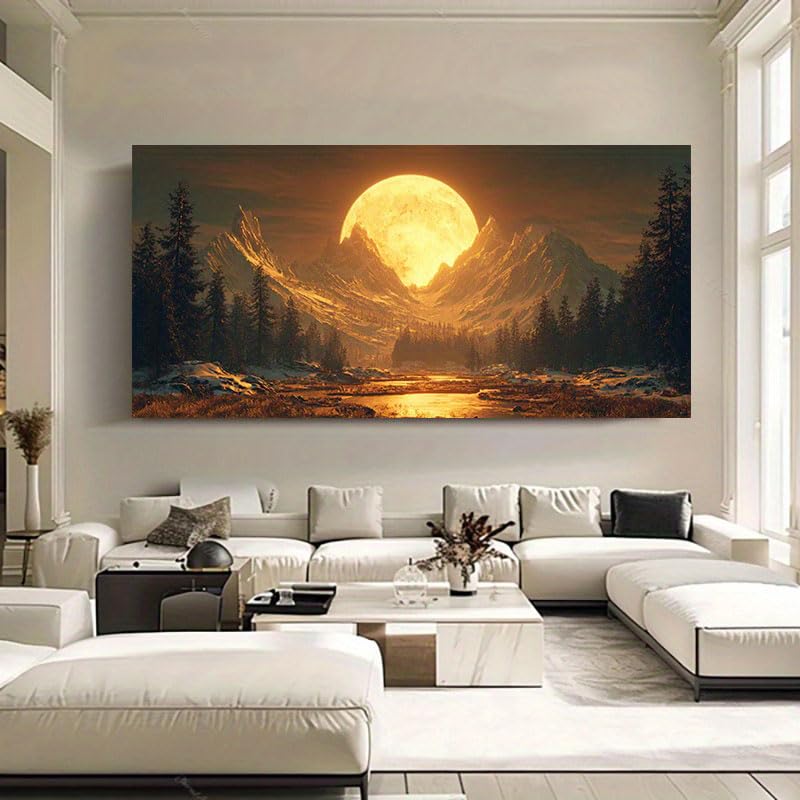 Tableau sur toile de montagne affiche vintage clair de lune décoration murale salon chambre