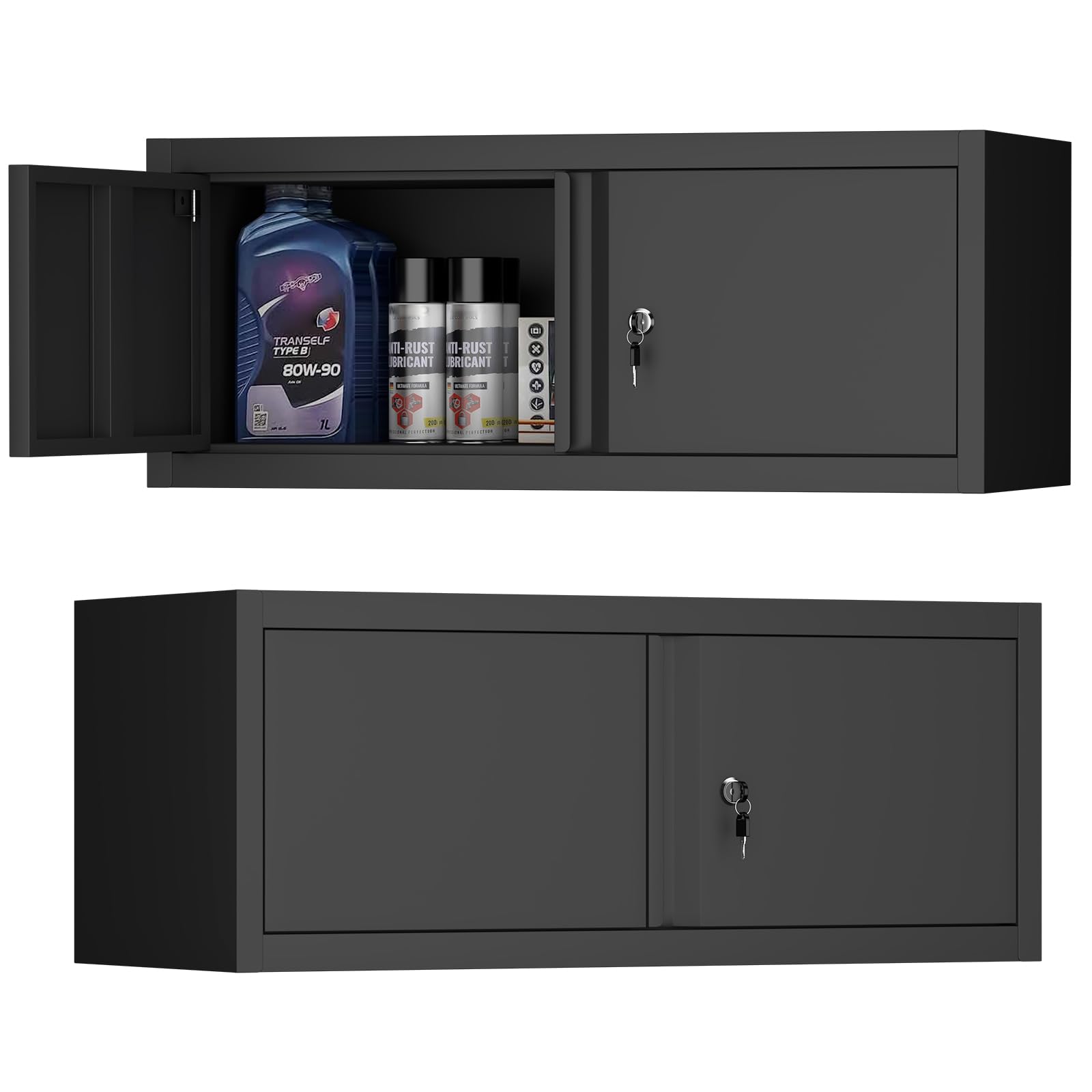 Garage Locking Cabinet, 13” H Garage Storage Cabinet Wall Mounted, Floating Storage Organization for RV, Hanging Tool Storage Cabinets for School, Office, Warehouse, Black