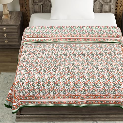 Image of BLOCKS OF INDIA Hand Block Printed Cotton Single Size Reversible Malma Dohar for Summer (Red Green Jaal, 200 Tc)