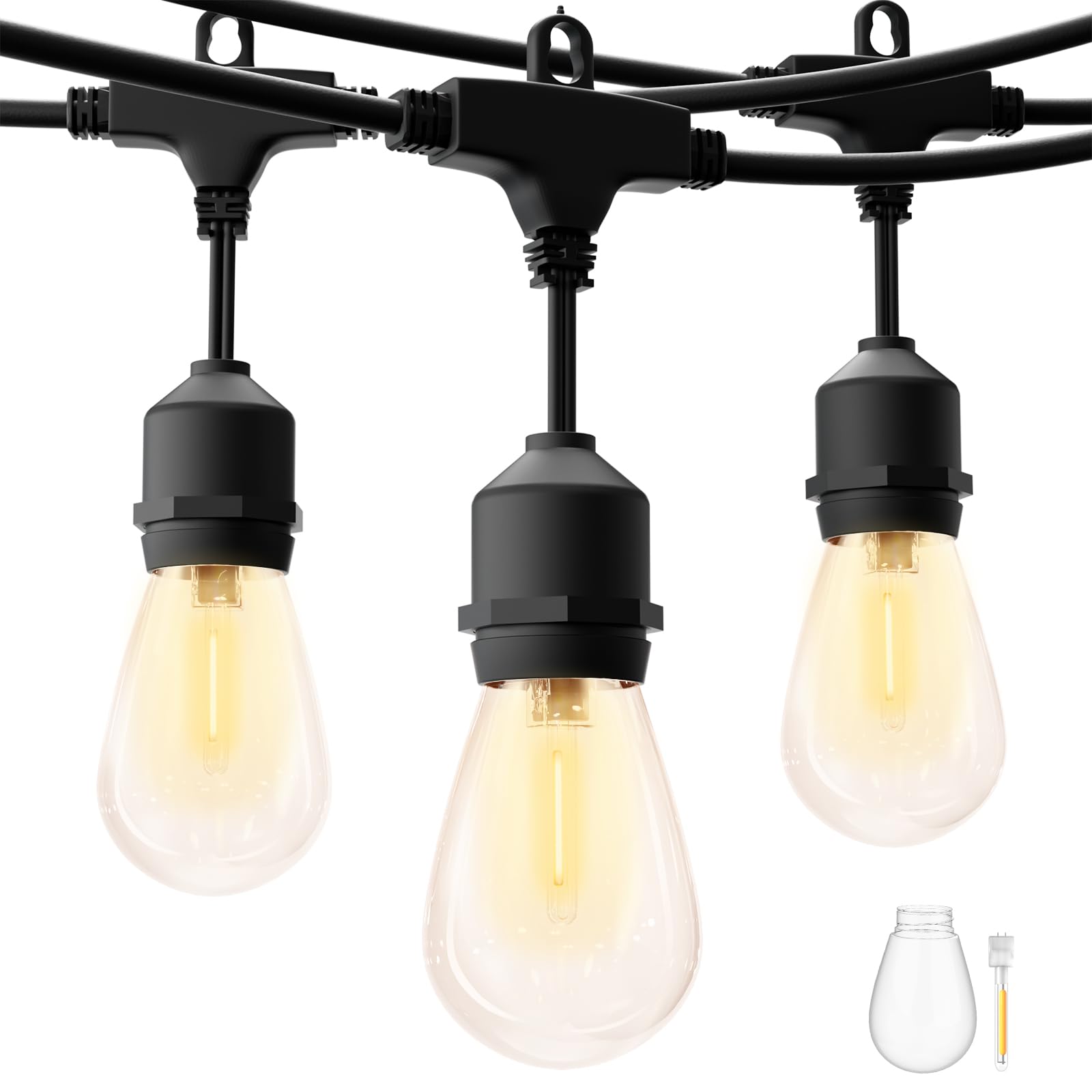 ZOTOYI Outdoor String Lights Mains Powered LED, 50FT S14 Waterproof IP65 Festoon Lights Outdoor with 15+1 Plastic Bulbs