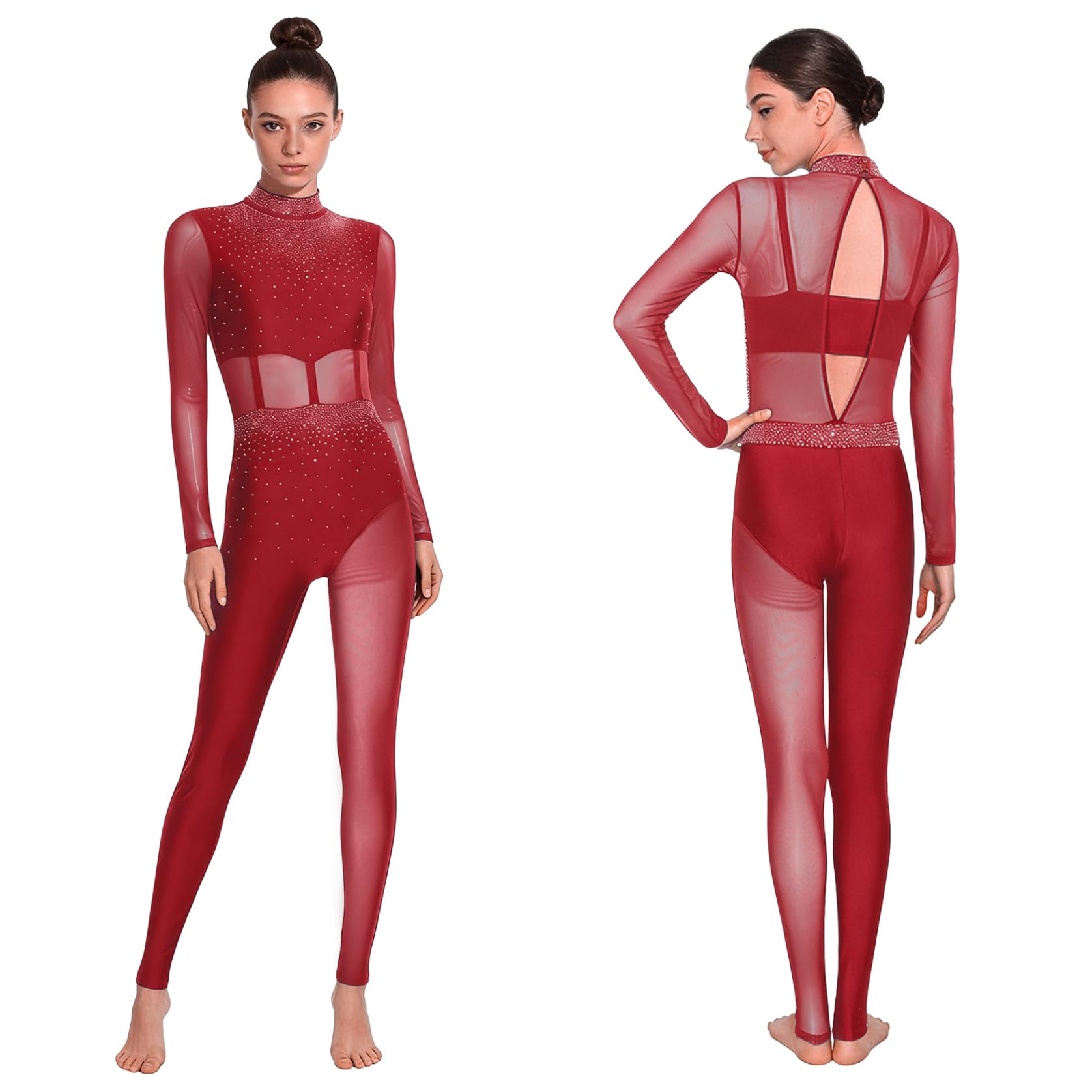 Bodies Danza para Ballet Mono de Manga Larga Maillot de Cuerpo Completo con Brillante Mono Gimnasia Ritmica Traje de Patinaje Artístico Mujer