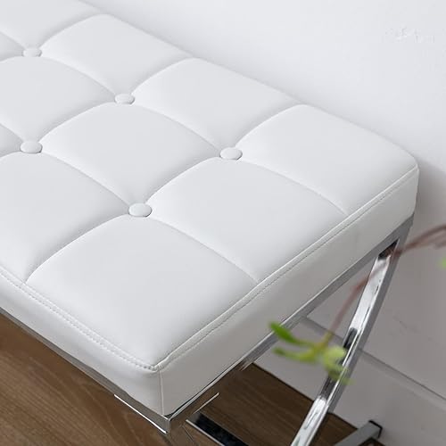 Miniatura 5 de LukeAlon Moderno banco de comedor de piel sintética, banco otomano con botones copetudos con acabado cromado en forma de X, banco tapizado para el