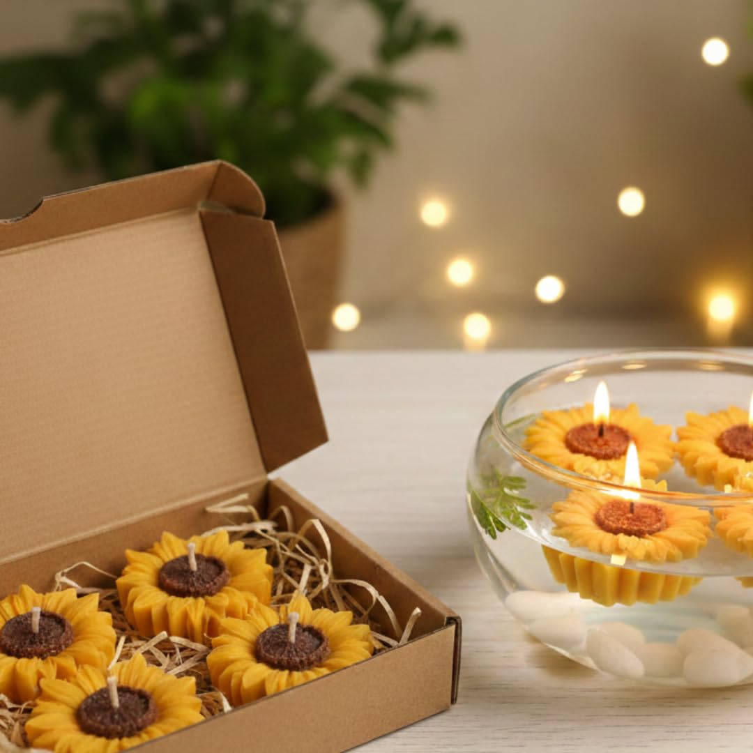 LITWiCK 4Pcs eco- Friendly Sunflower Floating Candles for Water Bowl | Diwali Decoration for Home | Soy Wax Scented Candle |Diwali Gifts for Family and Friends (Sunflower)-picture-13