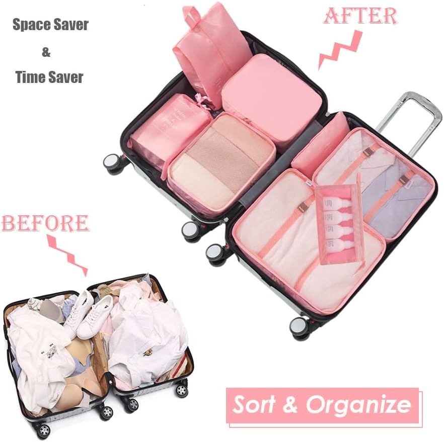 8 Set Packing Cubes Clothes Storage Bag Luggage Packing Organizers for Travel Accessories PAZIMIIK,Pink