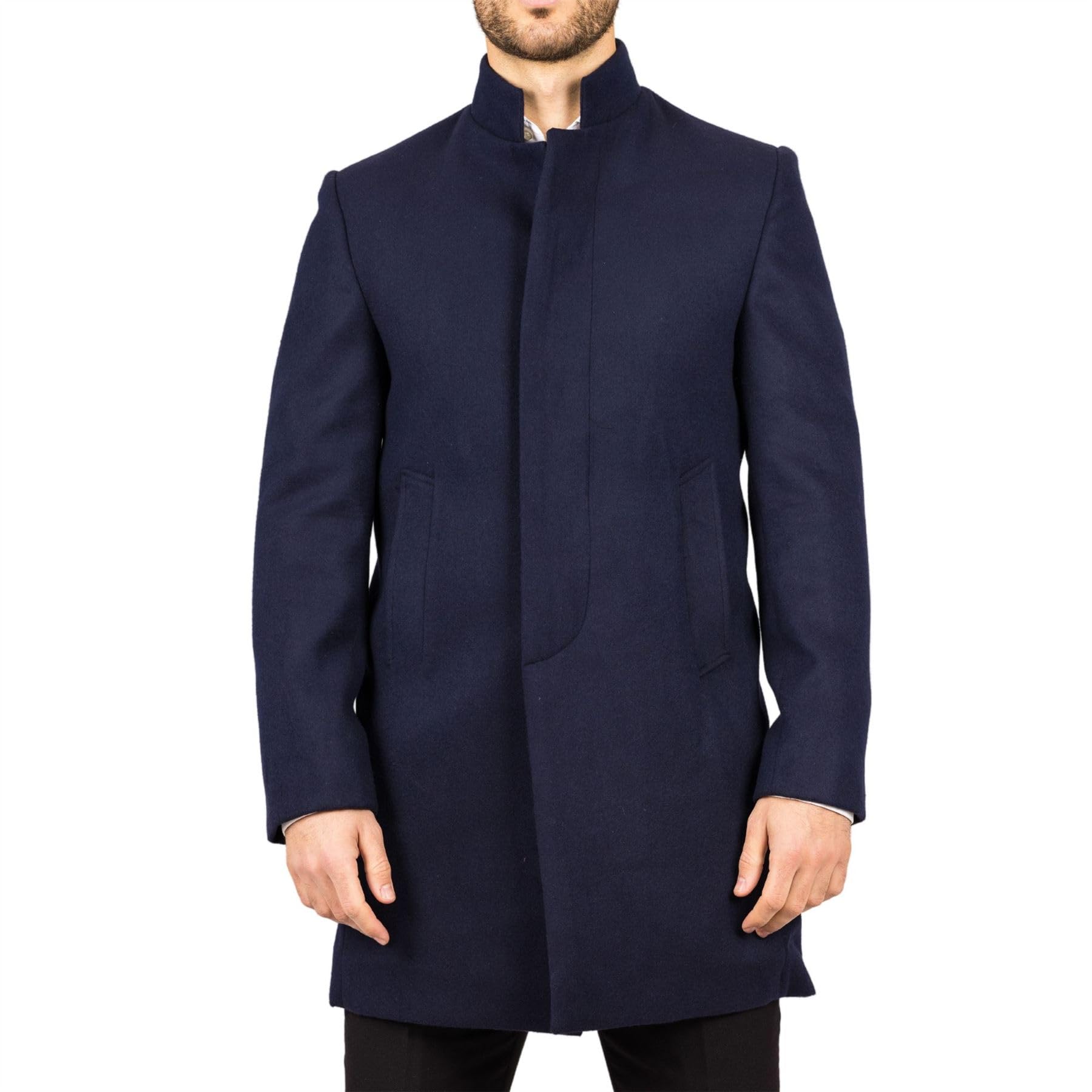 Truclothing Men's Navy Overcoat Stand Collar Wool Blend Classic Trench Coat Winter Jacket - Xl