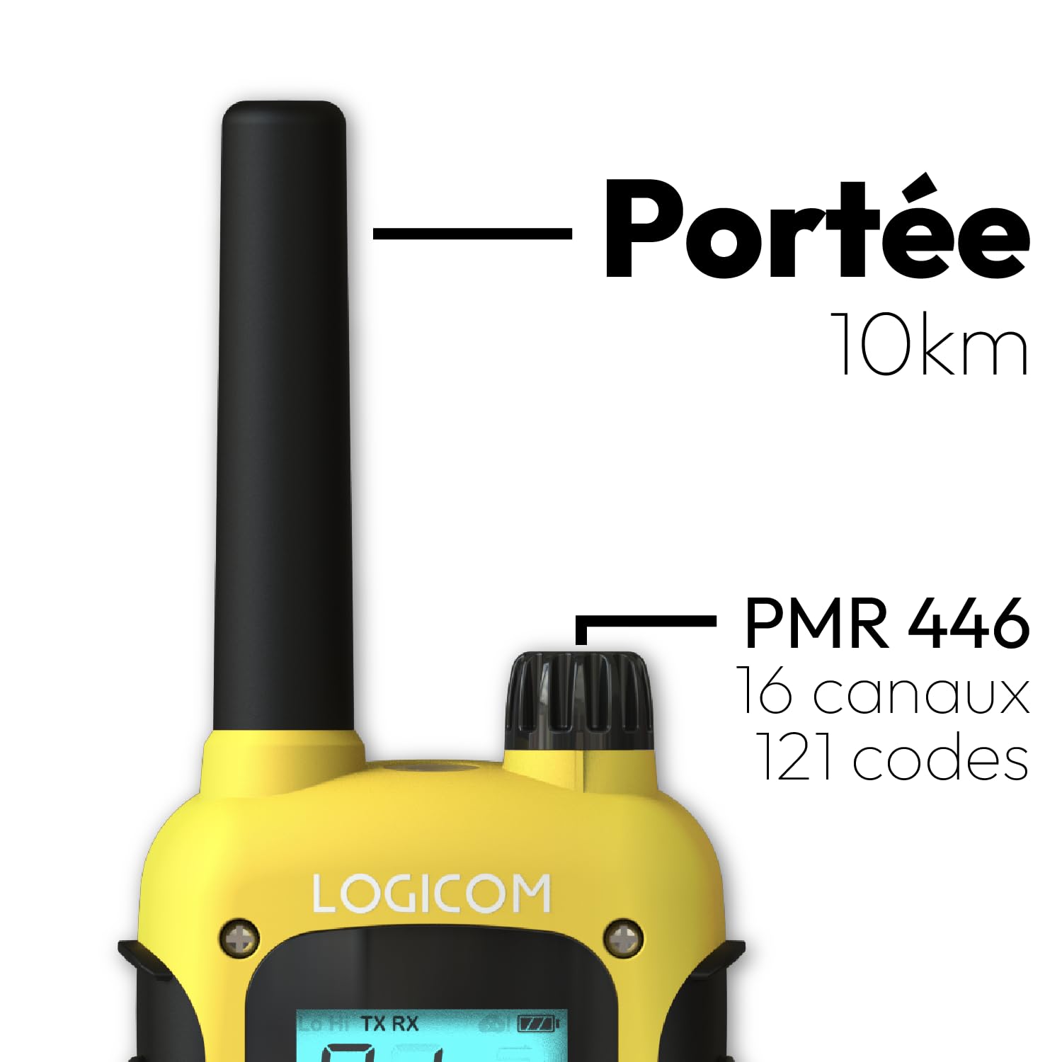 Logicom - Adventure Walkie-Talkie PMR446 IP54 Portata 10 km autonomia 20h schermo LCD USB-C Torcia VOX Vivavoce 16 canali Batteria 1000 mAh Confezione da 2 radio