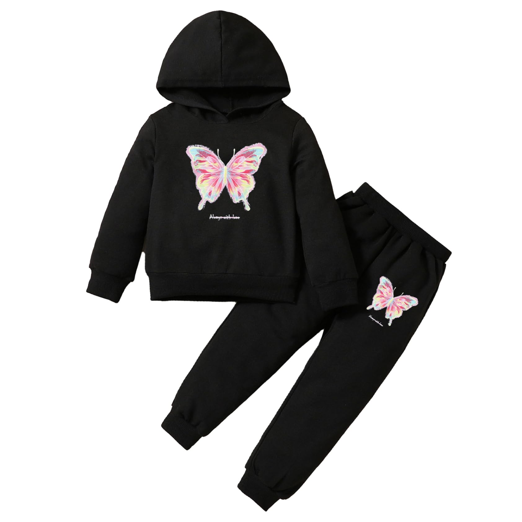 Enfant Fille Survêtement Ensemble Sweat à Capuche Imprimé Papillon avec Pantalon Jogging Décontracté 2-10 Ans