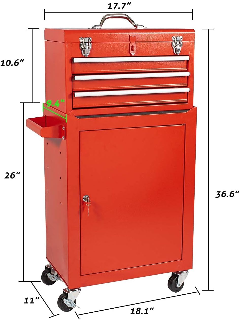 3-Drawer Tool Chest Rolling Tool Box with 4 Wheels, Tool Cart High Capacity Tool Chest and Lockable Drawers Tool Chest for Garage and Warehouse (Red) : Tools & Home Improvement