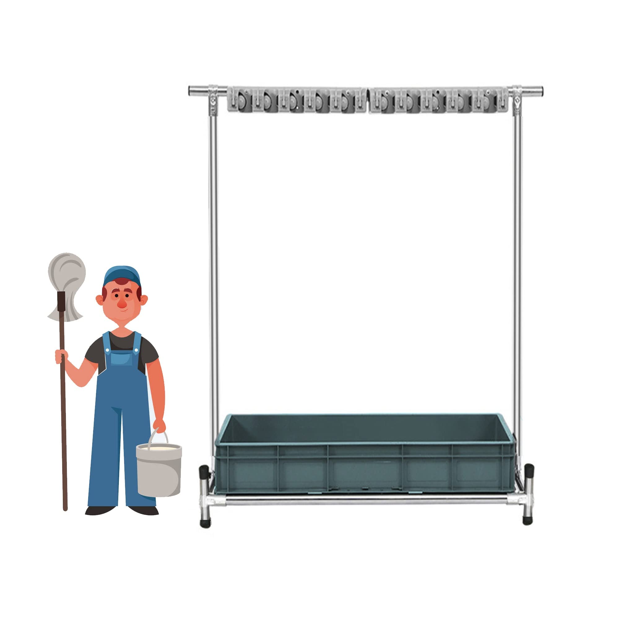ASerZenith Movable Broom Mop Holder,Commercial Mop Rack, Cleaning Tool Cart,Storage And Organizatio,Umbrella Stand, Mop Drain Rack Can Put Wet Mops,With Gray Tray,For Gara(Grey-5Slots)