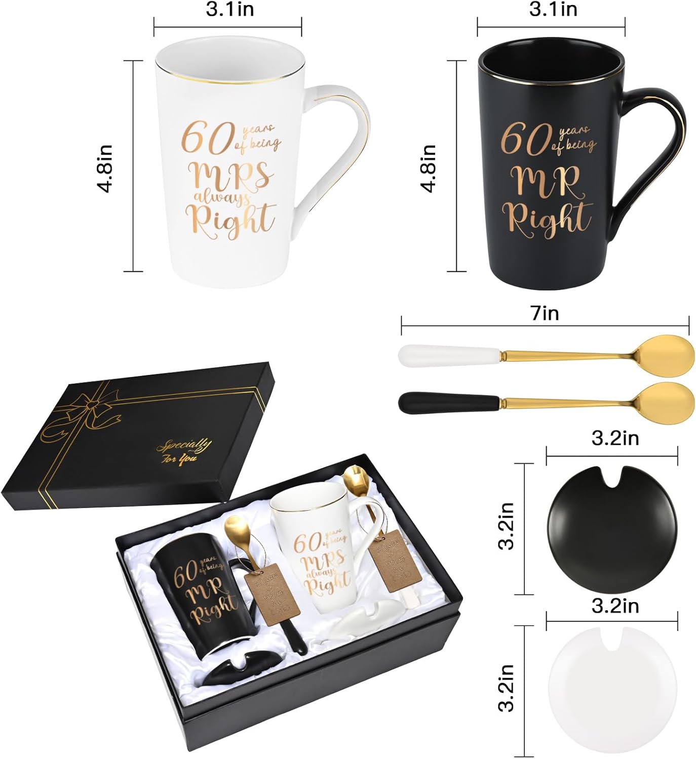 YHRJWN 60th Wedding Gifts, 60 Years of Being Mr & Mrs Always Right Mug Set 14Oz with Lids Spoons and Gift Box, Christmas Anniversary Presents for Parents Couple - Image 7