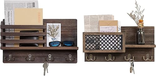 Dahey Soporte para correo montado en la pared, organizador de llaves y correo de madera con 4 ganchos dobles para entrada, estante decorativo