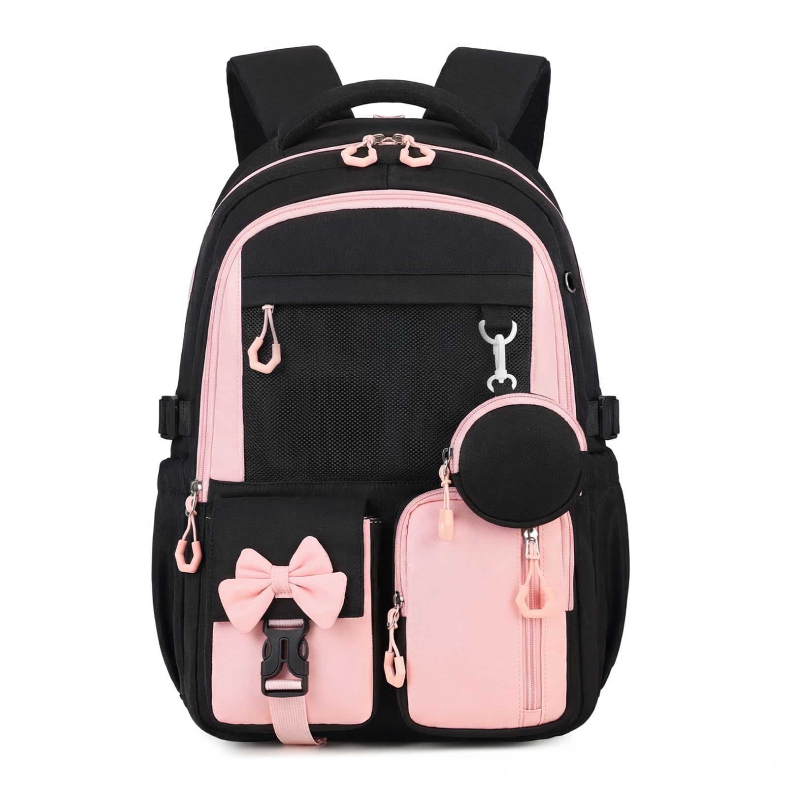 Amythe Schulrucksack für Mädchen 3.-7. Klasse mit Trolley-Gurt, Rosa | Wasserdichter Schultasche für Mädchen 9-16 Jahre mit Reflektoren & Münzbeutel, Leichter Modischer Rucksack für Schule Reise