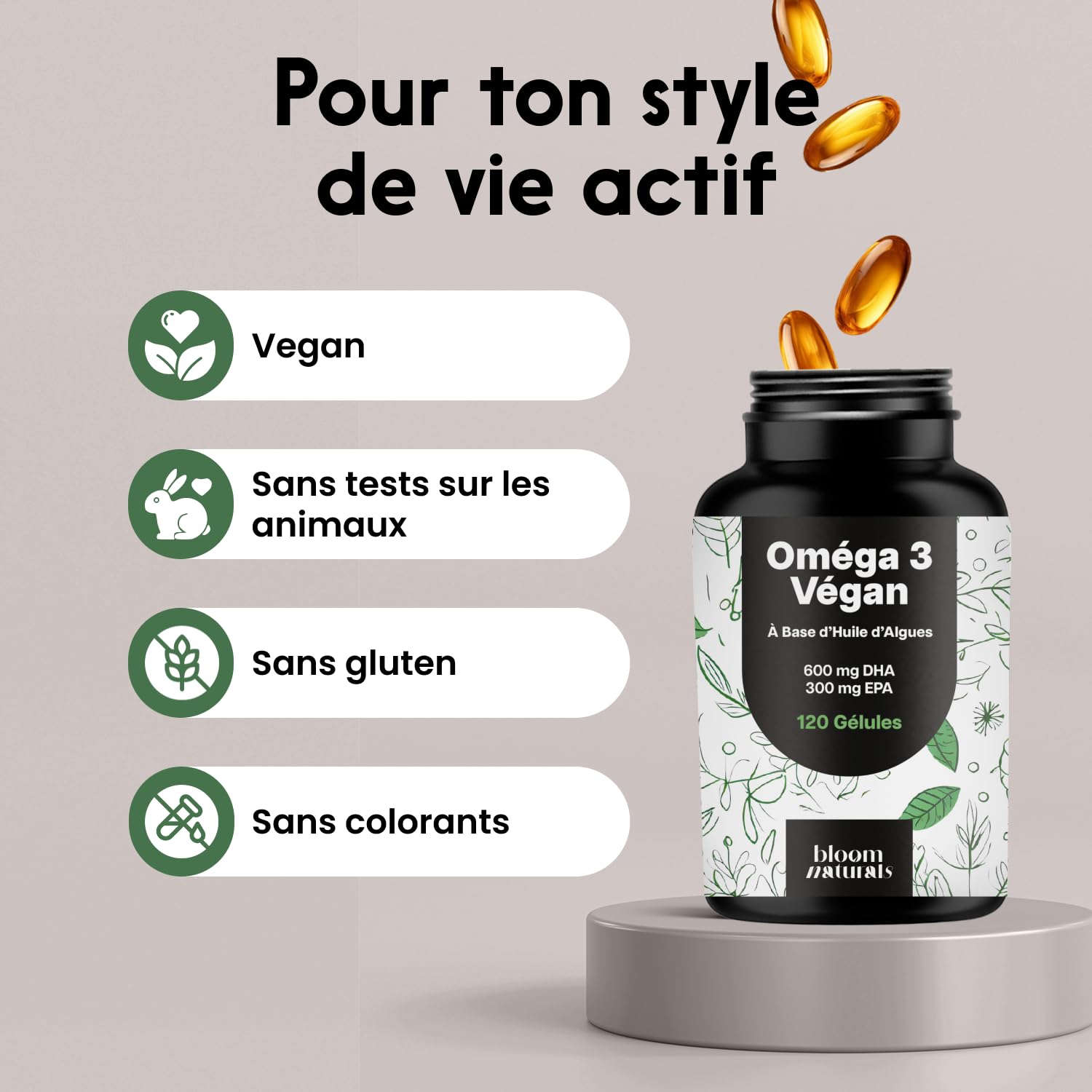 Omega 3 Vegan Huile d’Algues – 120 gélules – 600 mg DHA & 300 mg EPA | Huile d'algues – vegan, fabriqué en Allemagne, testé en laboratoire