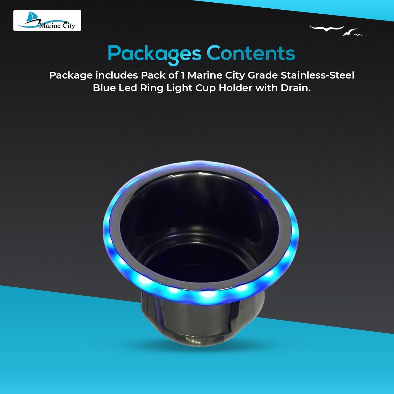 MARINE CITY Blue LED Light Cup Holder with Center Drain, Stainless Steel, Durable, Corrosion-Resistant, Easy Installation for Boats, Poker Tables, Yachts, Ships (Pack of 1)