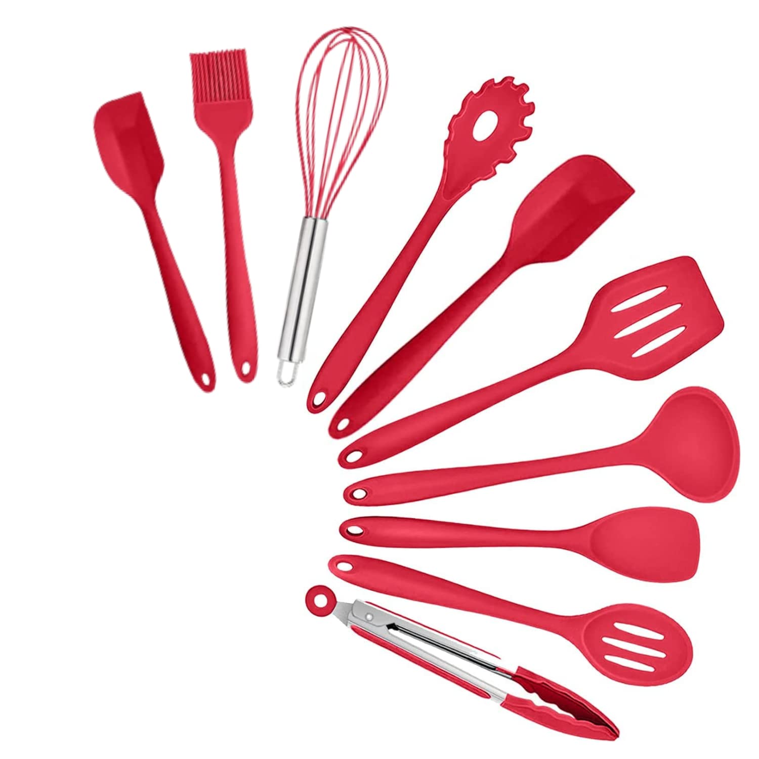 Juego de utensilios de cocina, 11 piezas, silicona resistente al calor de grado alimenticio, cuchara, cuchara ranurada, volteador, cucharón de sopa, servidor de pasta, pinzas, espátula grande
