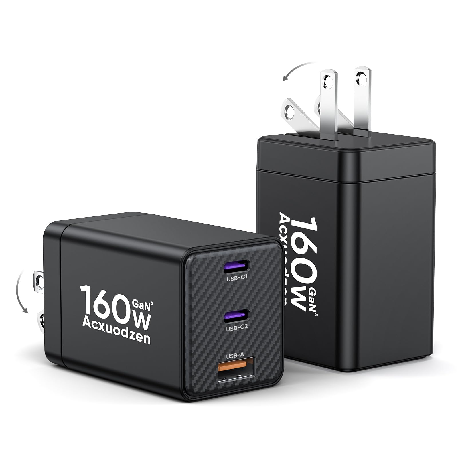 [2 Pack] USB C Charger Block 160W 2 Pack GaN Wall Fast Charger Foldable Type C Laptop Power Adapter Compatible with MacBook Pro iPad Pro iPhone 15 Pro Max/14/13/ Galaxy S23 (Black)