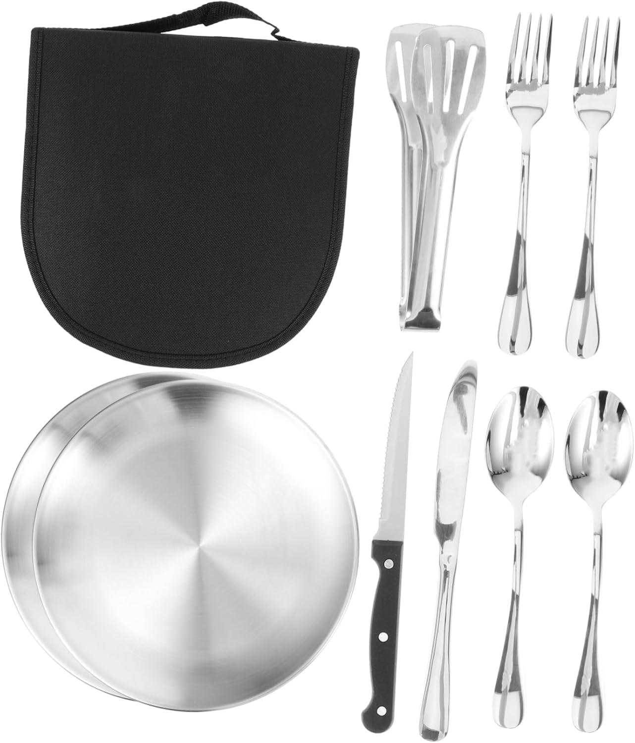 Mikikit 1set Portable Camping Cutlery Set Stainless Steel Tableware Kit Easy Storage Pouch for Outdoor Dining and Travel Utensils