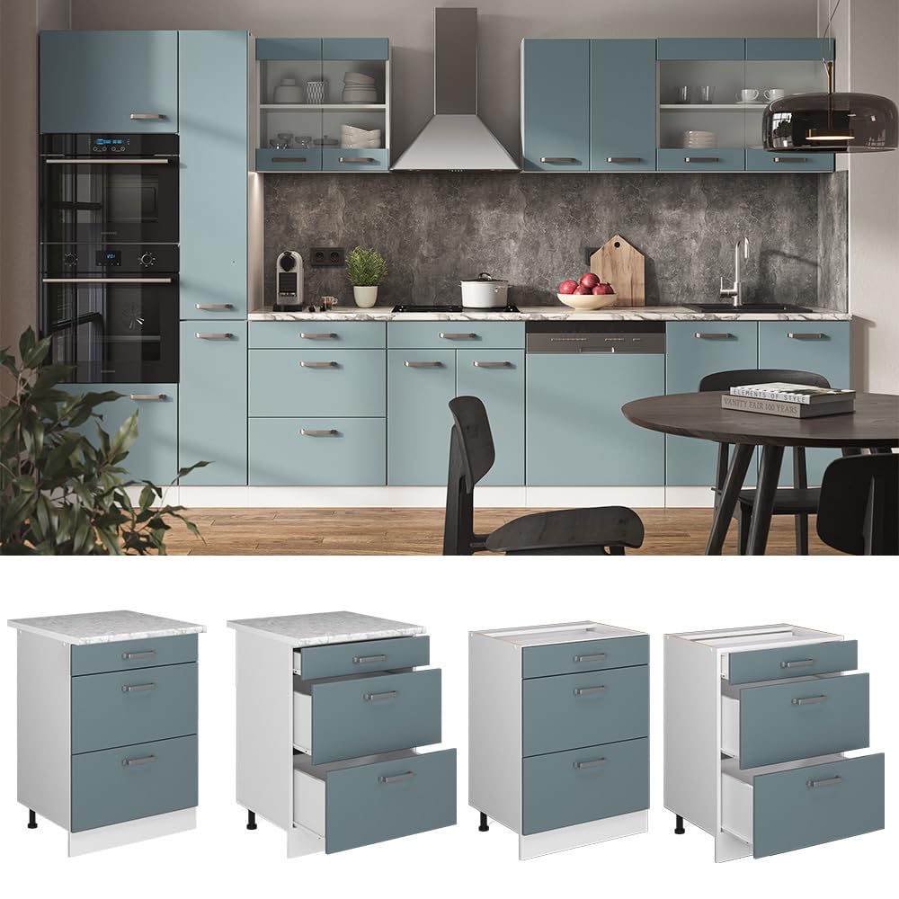 Vicco Mobiletto base per cucina R-Line, Grigio-blu, 60 cm con cassetti, senza piano di lavoro, per la libera combinazione all'interno di sistemi cucina modulari