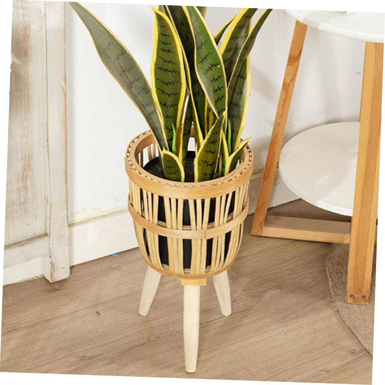BESTonZON Pot de Fleurs en Bambou Tissé Fait Main, Support de Pot de Fleurs Rustique en Bois, Cache-Pot pour Intérieur et Jardin, Décoration Naturelle Solide