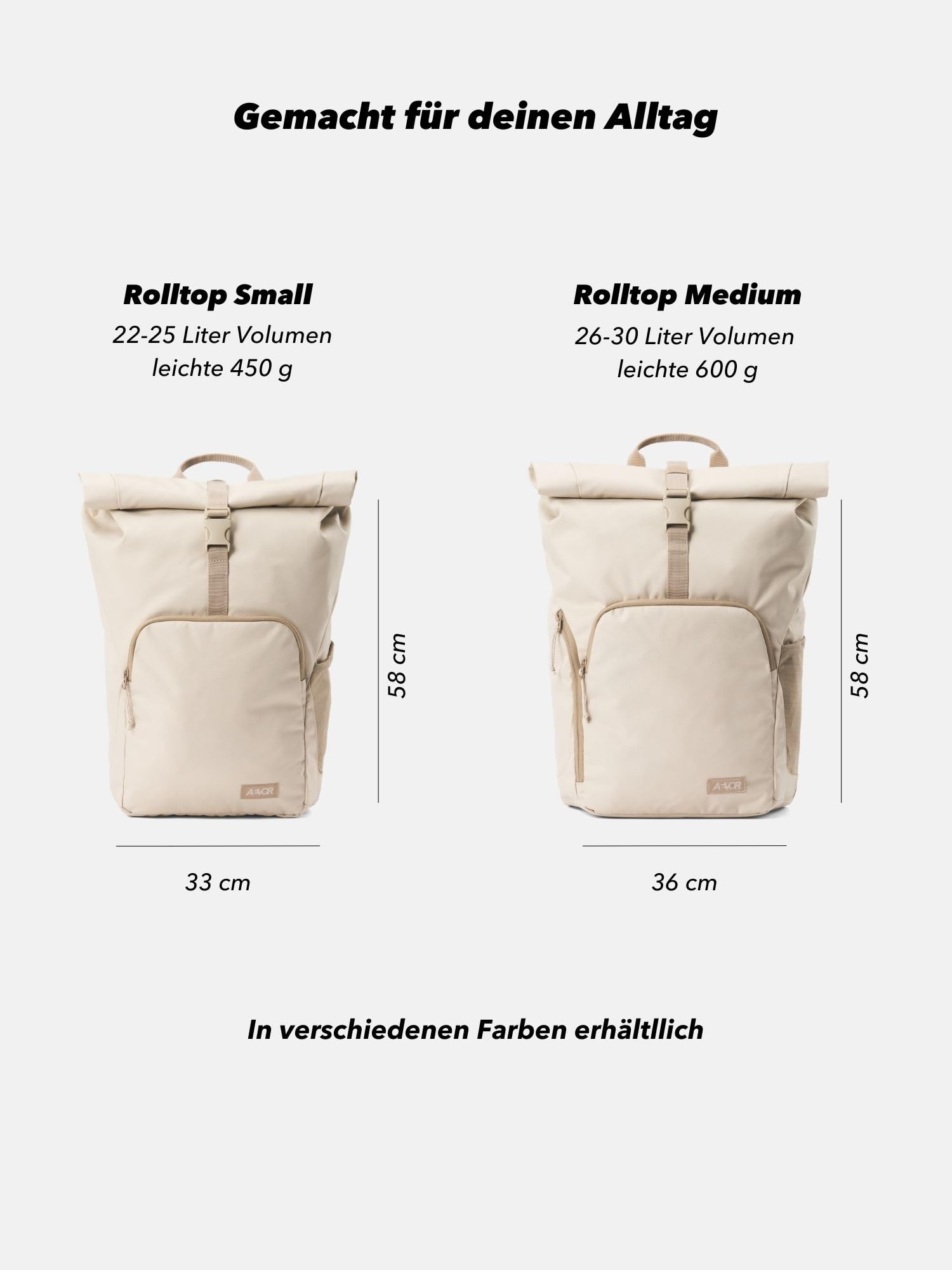 AEVOR Rolltop Small, Kleiner Rucksack für Damen und Herren, 22-25L Volumen, 14" Laptopfach, Frontfach, ergonomisch gepolstert, leicht, Alltag, Beruf, Schule, Tagesrucksack, Beige