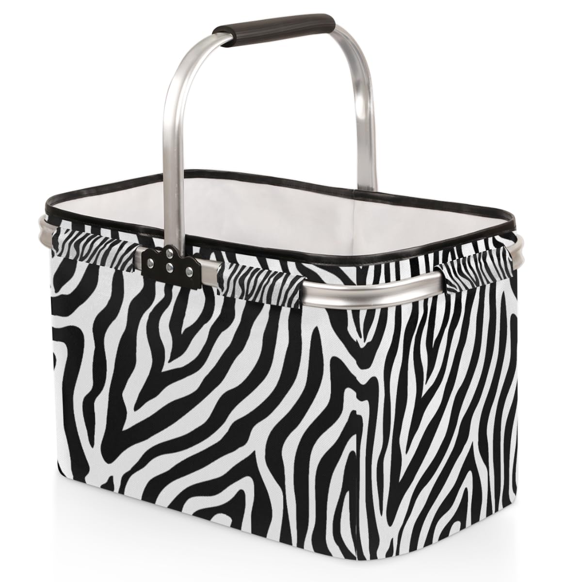 Large Picnic Basket Zebra Print Sturdy Shopping Basket Animal Zebra Print Collapsible Market Basket Leak-Proof Reusable Travel Camping Grocery Bags