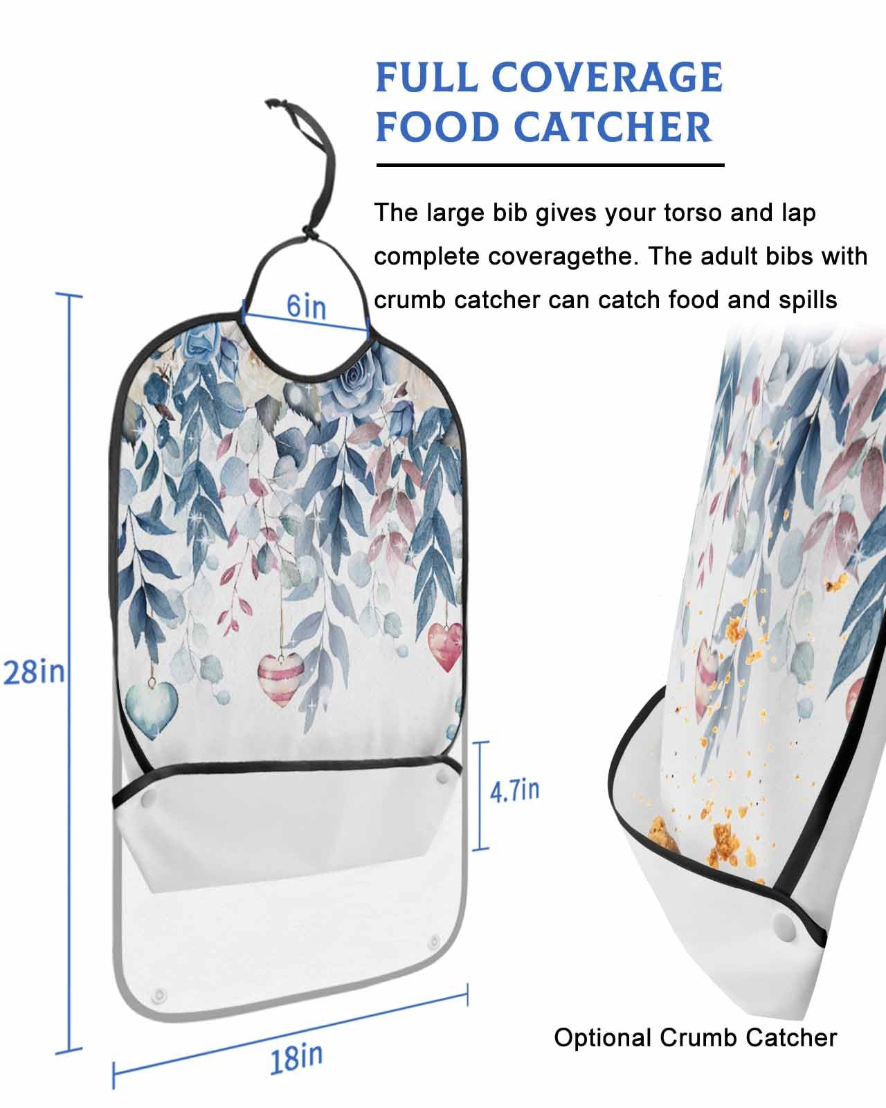 LEOKOTI Blue Botanical Valentines Adult Bibs for Eating, Waterproof Bibs with Food Catcher & Adjustable Snap Closure, Love Heart Spring Floral Washable Clothing Protectors Adult Bibs for Elderly