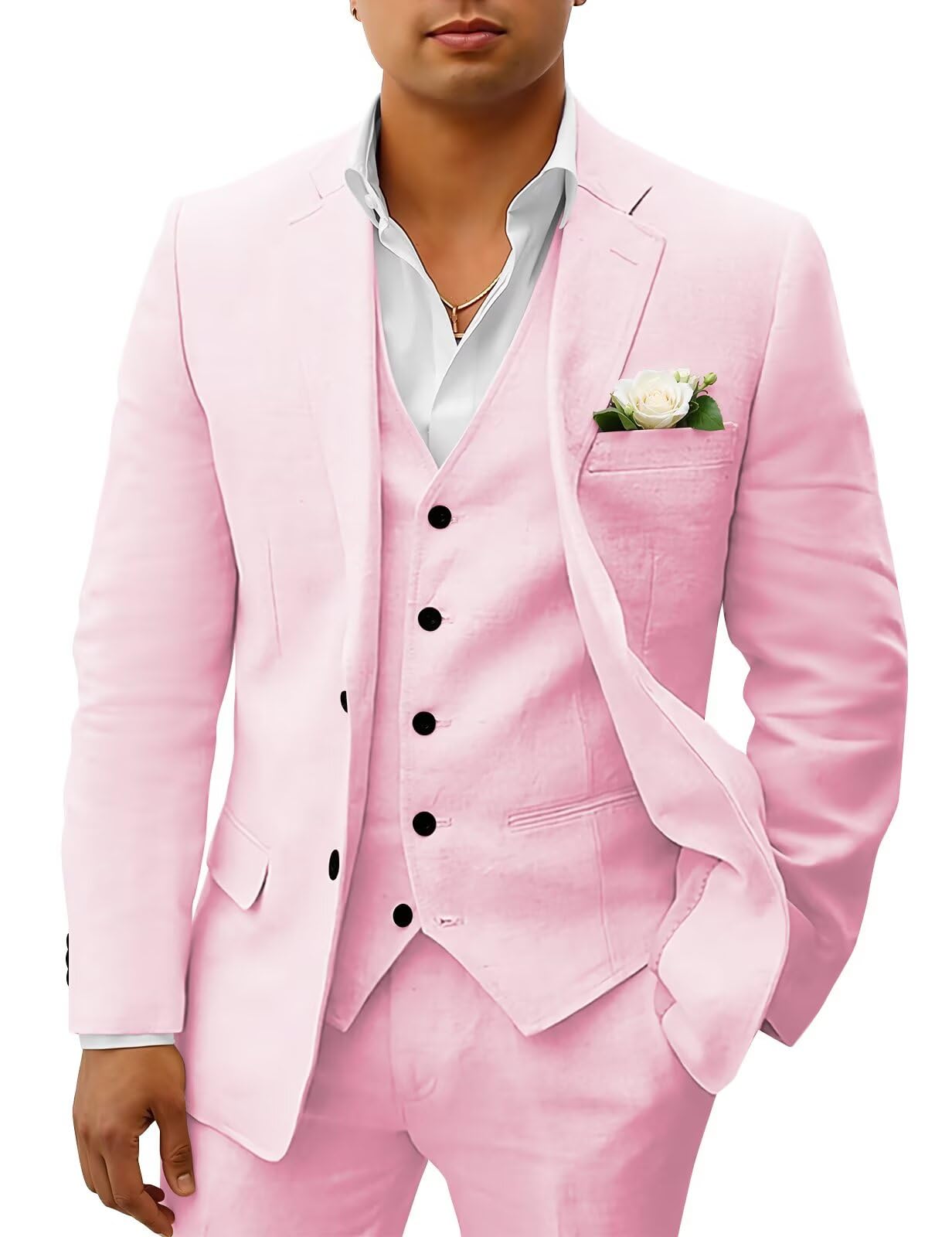 HUUTOE Mens Linen Suits 3 Piece Beach Wedding Groomsmen Suits Casual Summer Linen Blazer Vest and Pants Tuxedo Set