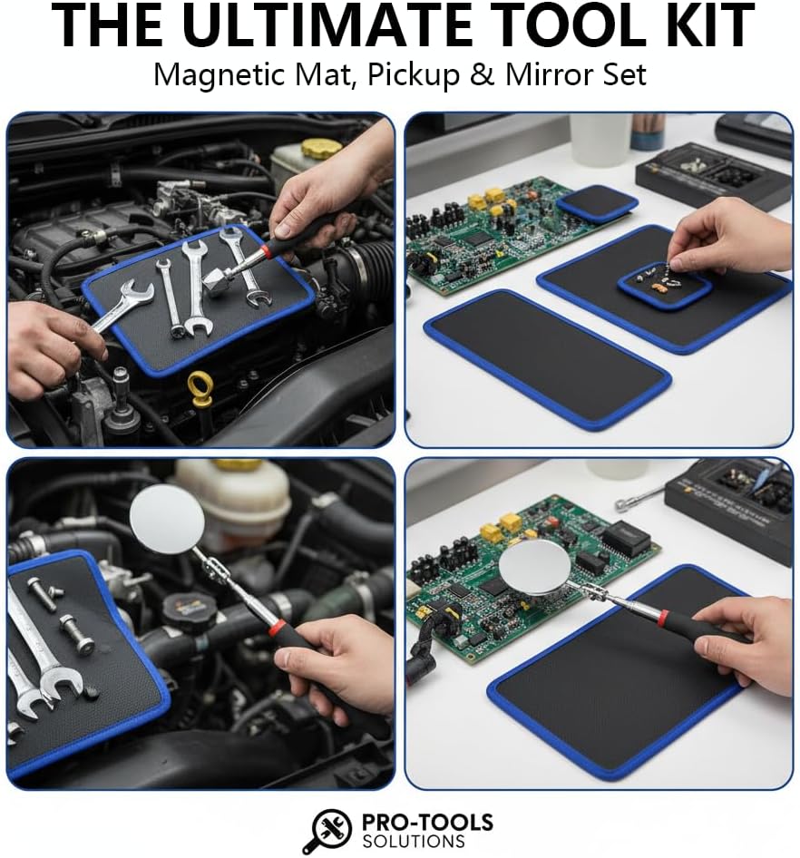 6 Pack Magnetic Tool Mat, Magnetic Mat with PVC Layer, Magnetic Tool Holder, Non-Slip Parts Organizer includes Mat, Pads, Pick-up Tool, Mirror for Garage Workshop Auto Repair