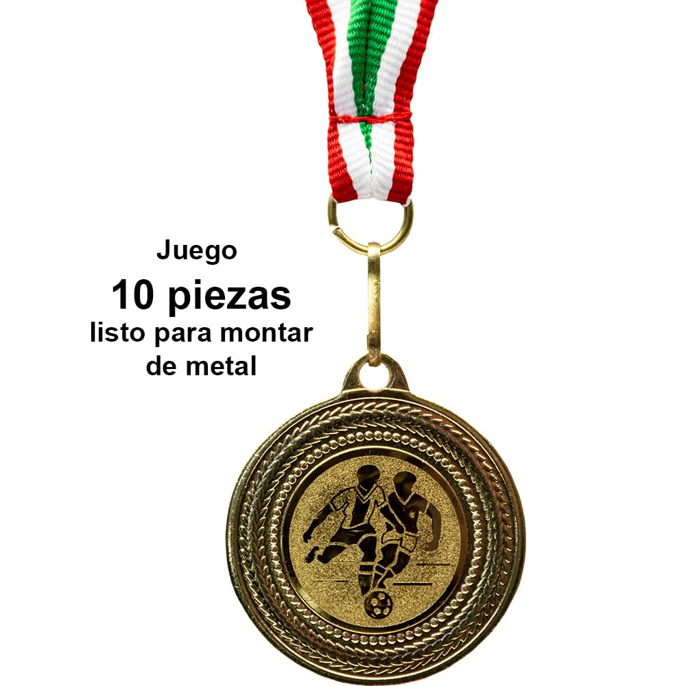 Fábrica de trofeos – Medallas de fútbol – Juego de 10 medallas de metal – Medalla de fútbol dorada para colgar para premios de premios – Medallas para niños con cinta verde y blanco rojo y emblema