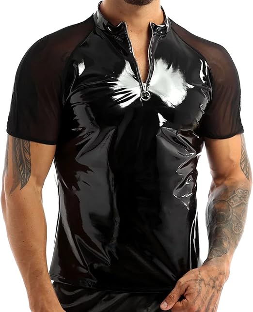 Herren-Hemd Aus Glänzendem PVC-Leder – Langarmshirt In Wetlook-Optik, Größe X-Klein, Schwarz