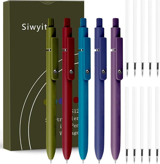 Stylos de gel, 5 Pcs 0.5mm Stylos d'écriture encre noire à point fin à sec rapide 10 Recharges, Stylos rétractables pour la prise de notes de journal, fournitures de bureau (Vintage-5PC)