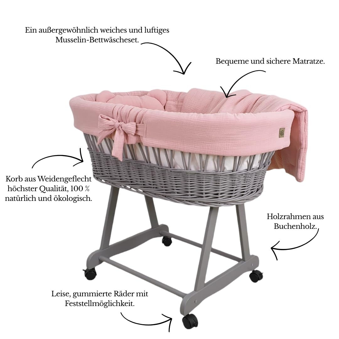 Wiklinopol Stubenwagen aus Weide mit Gestell & Matratze Amelia – Moseskorb in Grau – Set Musselin-Bettwäsche in Rosa – Weidenkorb, Tragbar, Ideal für Neugeborene
