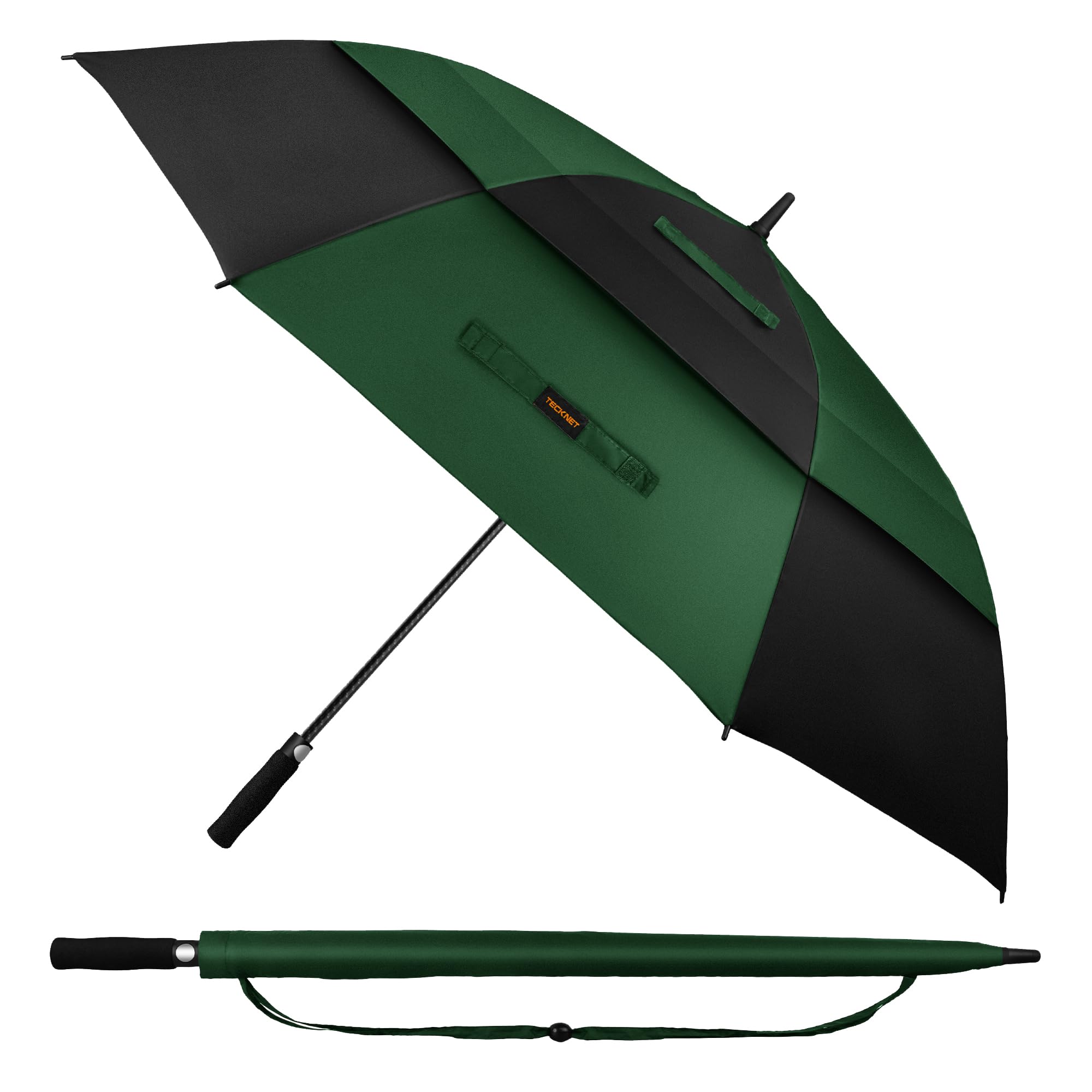 Tecknet Black/Green Golf Umbrella Large 68 Inch, Windproof Strong Double Canopy Vented, Automatic Open With Eva Grip, Outdoor Sun, Rain, Wind Protection Stick Umbrellas, &