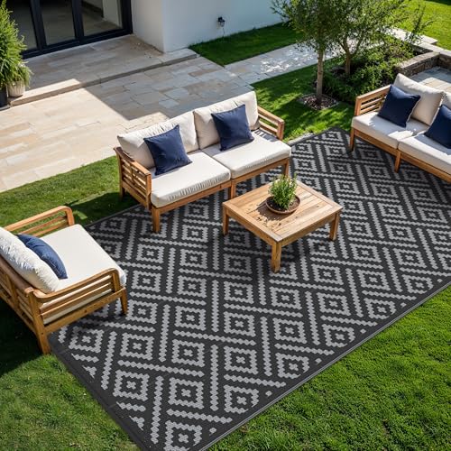 Image of GENIMO Outdoor Rug, Waterproof Plastic Rugs 10'x14' for Camping Black Grey