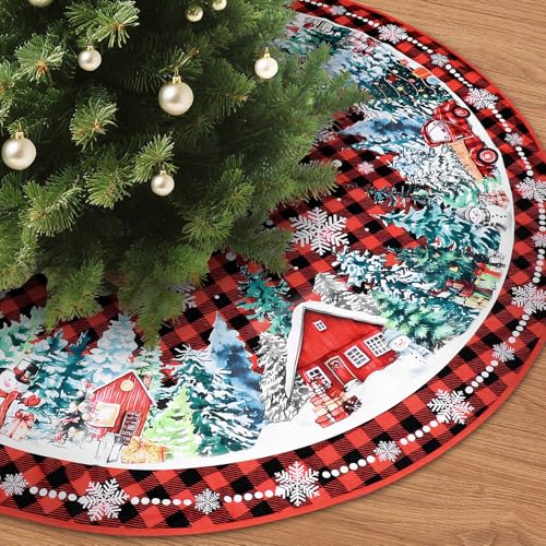 Meetory Christmas Tree Skirt - 48 Inch Red Large Xmas Tree Skirt, Red Xmas Tree Skirt with Gold & Green Trees, Indoor Outdoor Christmas Ornaments, New Year, Holiday Decorations