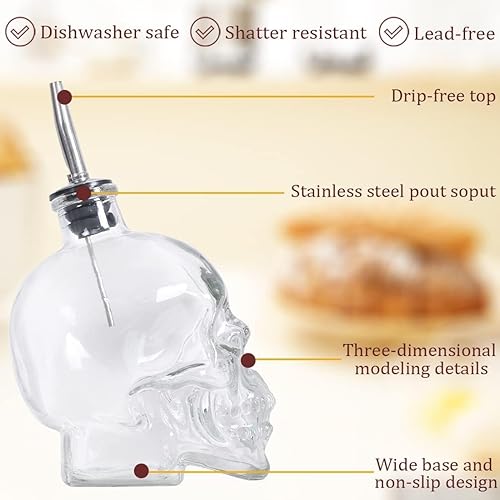 Miniatura 3 de Gusnilo Botella dispensadora de aceite de oliva con forma de calavera, 15 onzas, vidrio, juego de 4 con boquillas y embudo de acero inoxidable