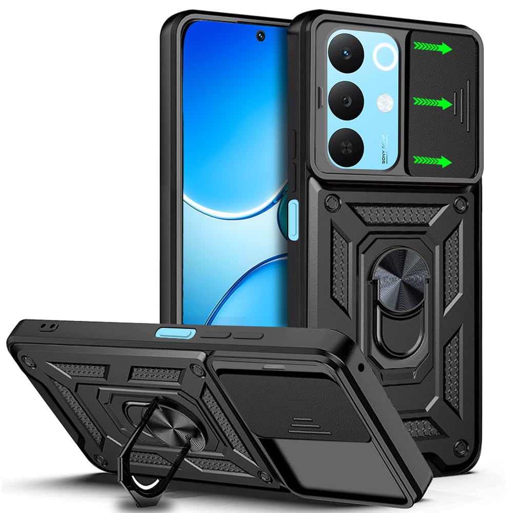 AESTMO Tough Armor Realme 15X / C85 / Narzo 90X 5G Bumper Back Case Cover | Ring Holder & Sliding Camera Shield Cover | 360 Degree Protection Back Case Cover for Realme 15X / C85 / Narzo 90X 5G(Black)