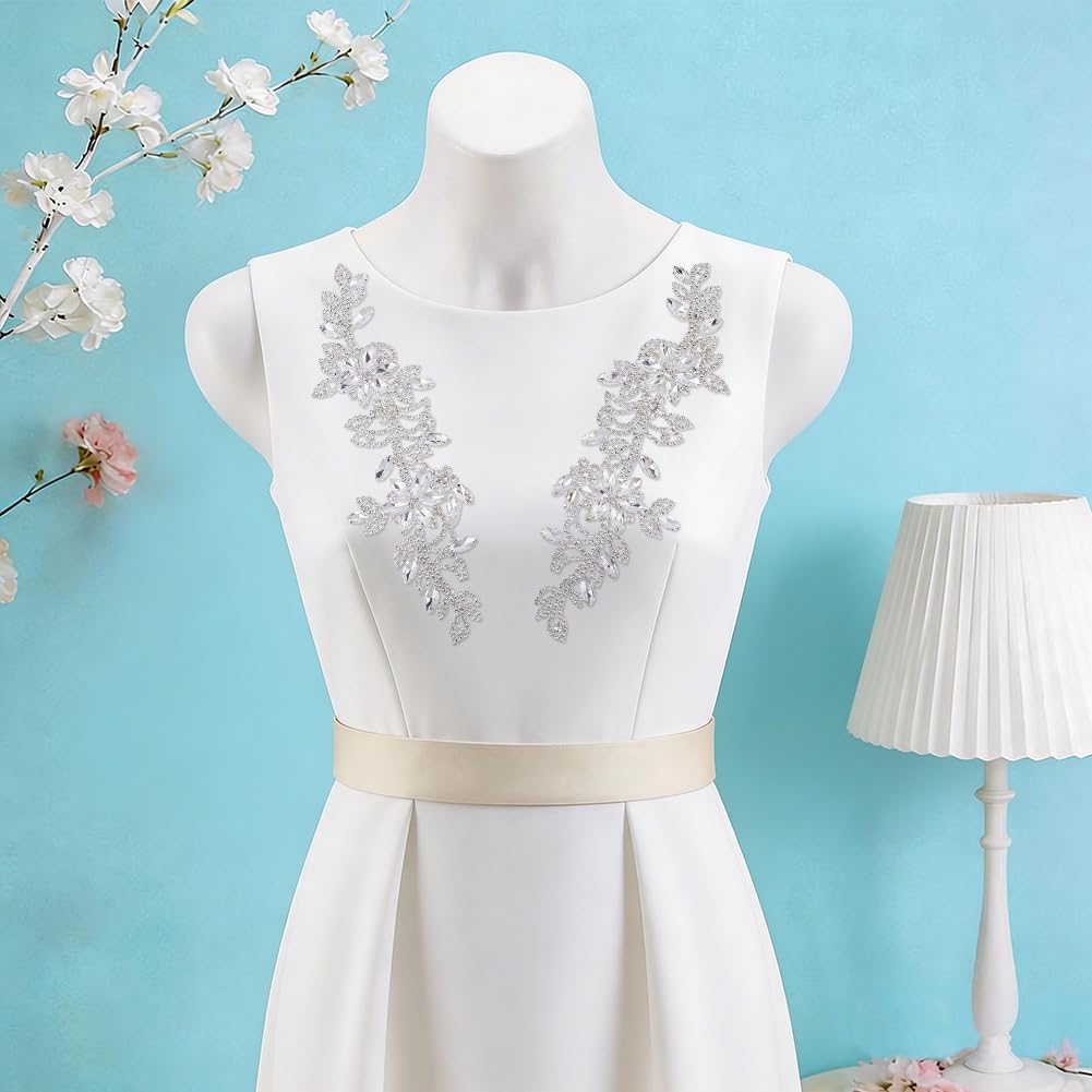 FINGERINSPIRE 1 Paio Toppe con Perline e Strass Toppe con Perline e Strass in Cristallo Fatte a Mano con Fiori in Argento e Cristalli per Decorazioni di Abiti da Sposa, Accessori per Vestiti