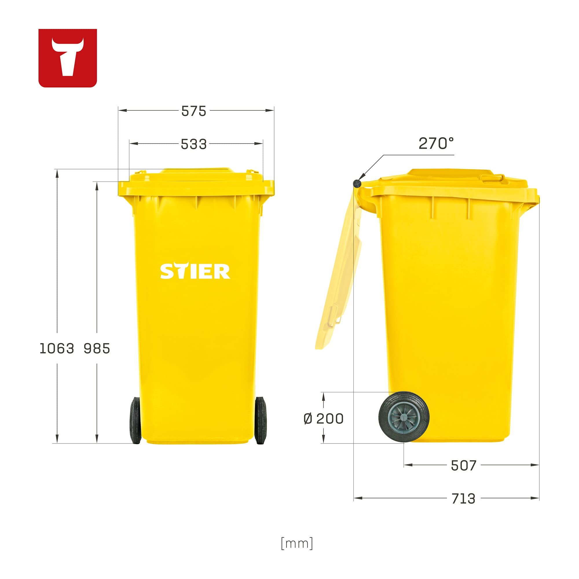STIER 2-Rad-Müllgroßbehälter, Mülltonne, Volumen 240 Liter, Mülleimer, Farbe: Gelb, Größe: 576 x 720 x 1067 mm, Restmülltonne mit Rädern und Deckel, Universaltonne, Universaltonne
