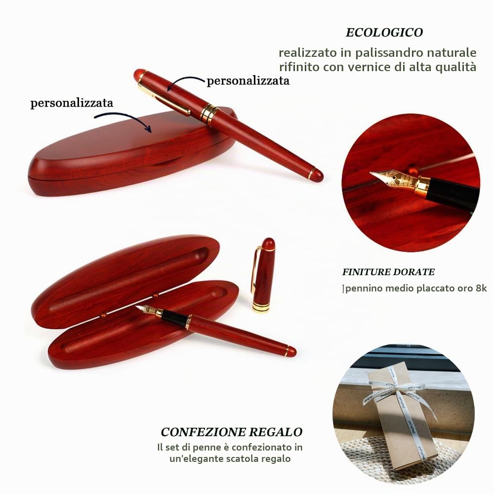 Set di penne in legno di palissandro con incisione personalizzata,Penna Stilografica Elegante e scatola regalo in legno Fountain Pen,Idee Regalo,Regali Laurea Compleanno (Classical)