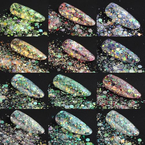 image for Fcozpjk Chunky Nail Glitter, 12 Colors Iridescent Mermaid Nail Sequins