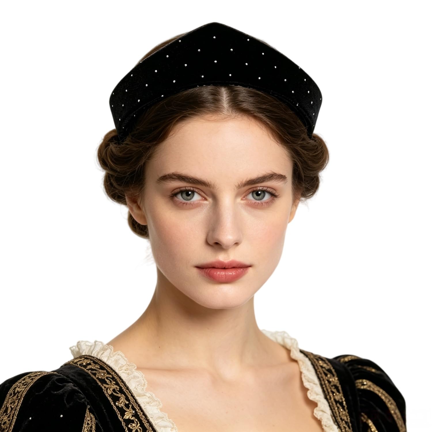 RUIXIA Women’s Victorian Medieval Velvet Anne Boleyn Hat Tiny Rhinestone Sparkle Elizabethan Tudor Coronet Pilgrim Costume Headwear for Daily Wear Renaissance Fair Halloween Cosplay Hair Accessories