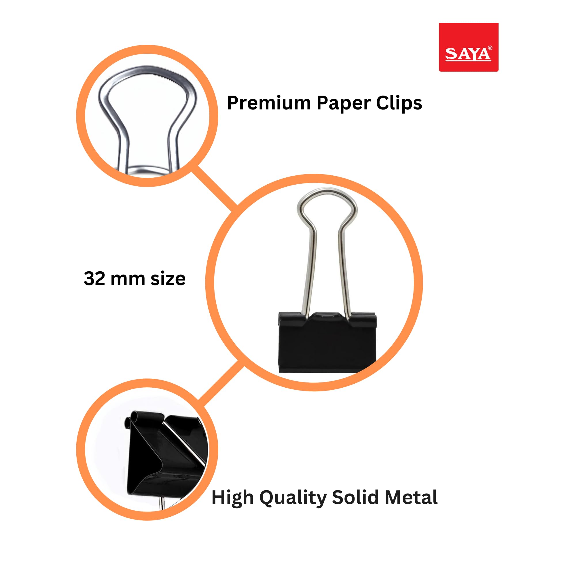 SAYA Binder-Clips - 36 Stück (3 Boxen) Rostbeständiges, langlebiges Metall, dichter Federgriff, Bogenecken-Design, wiederverwendbare Büroklammern für Büro, Zuhause, Schule, schwarzes Büroklammer-Set