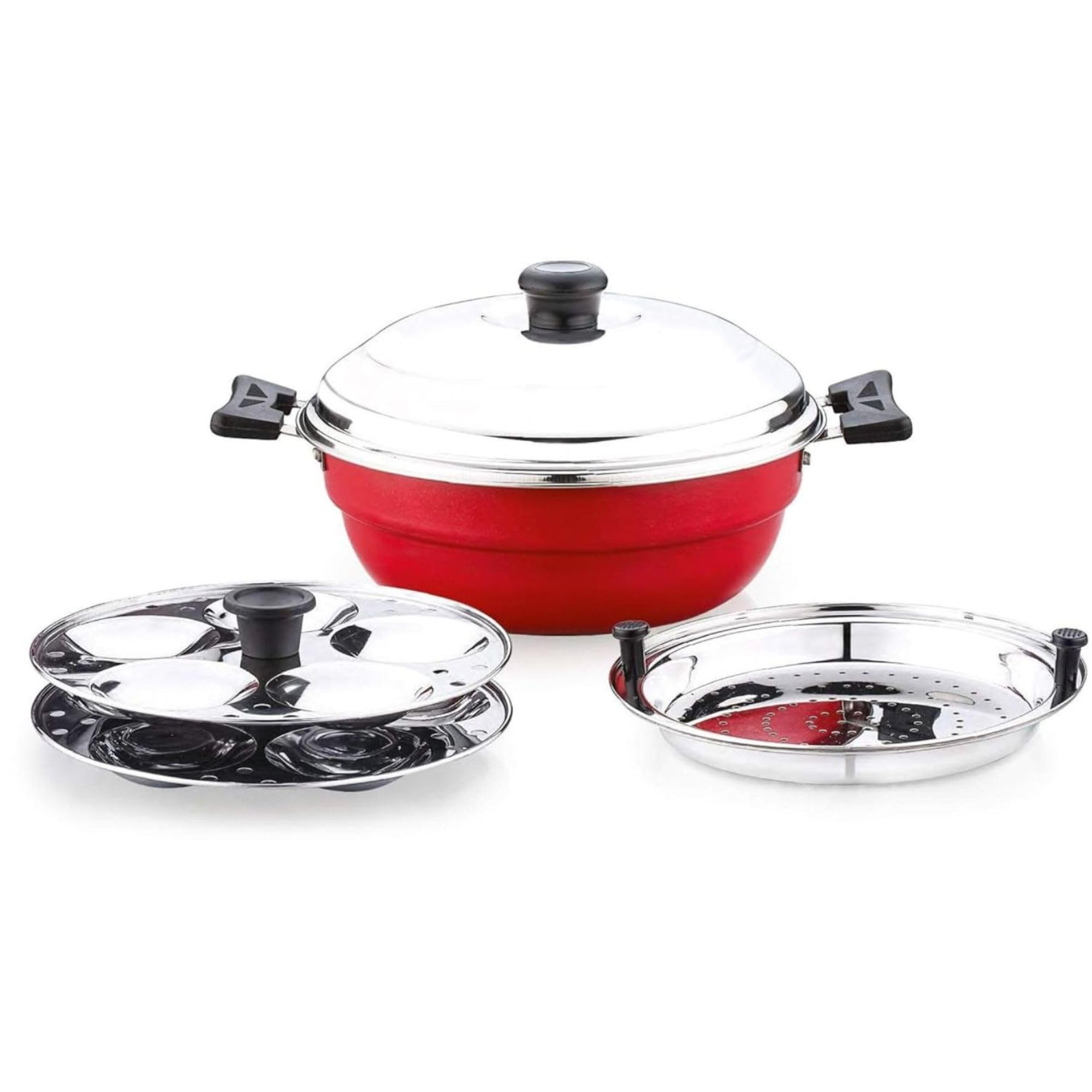 Sowbaghya Non Stick Induction Base Multi Kadai With 2 Idli Plates & 1 Steamer Plate, Idli Maker With Steamer - 3 ltr (Aluminium)